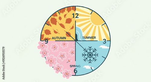 Seasonal clock face with sun snowflake flowers and leaves showing four seasons