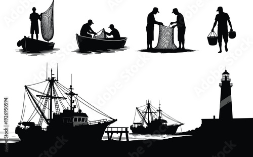 Fishing industry silhouette vector set, fishermen with nets and boats, trawler ships and lighthouse coastal scene isolated black illustration collection