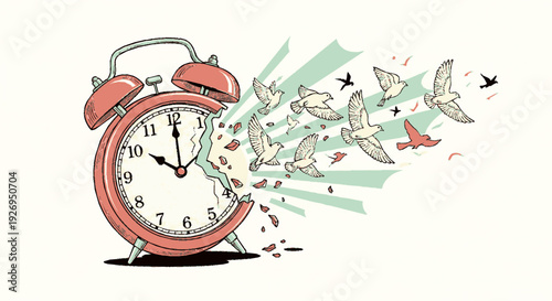 Vibrant red alarm clock ringing with birds flying out in freedom and time