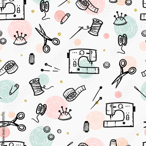Fun hand drawn sewing elements seamless pattern, fashion background, great for textiles, wallpapers, wrapping - vector design
