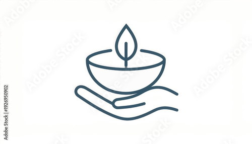 Hand Holding Sustainable Natural Bowl with Leaf Icon. Organic Wellness and Eco-Friendly Care Line Art Illustration.