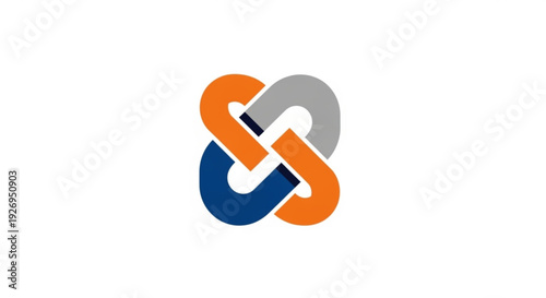 A stylized chain link logo with interconnected orange, blue, and gray links on a white background