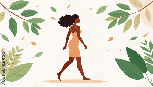African American Woman Walking in Nature. Minimalist Illustration of Wellness, Spring, and Green Environment.