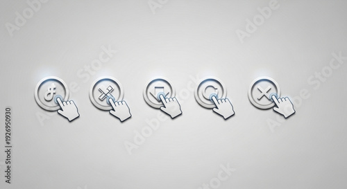 A vector graphic illustration of five icons depicting various hand interactions with buttons