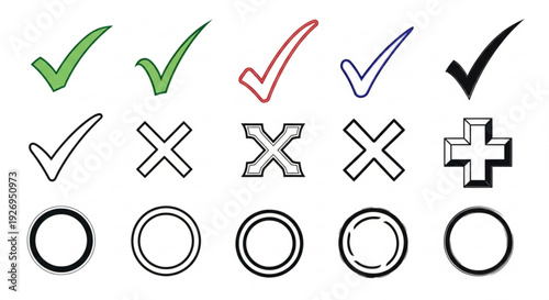 A set of checkmark and cross icons in various colors and styles for use in design and illustration