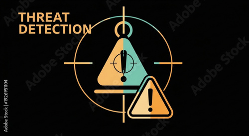 A vector graphic illustration of a threat detection symbol with a warning sign and crosshairs on a black background