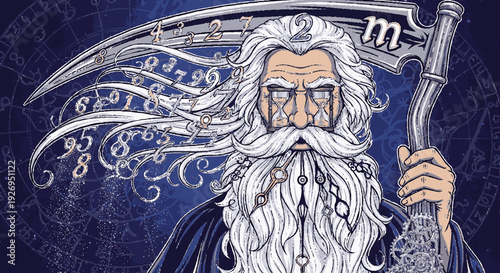 Elderly mystic figure holding a scythe stands against a backdrop of celestial symbols and swirling mystical energy