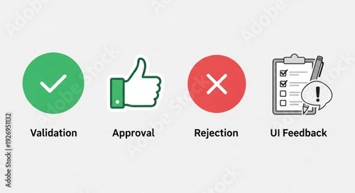 A set of four UI icons representing validation, approval, rejection, and feedback in a modern design style