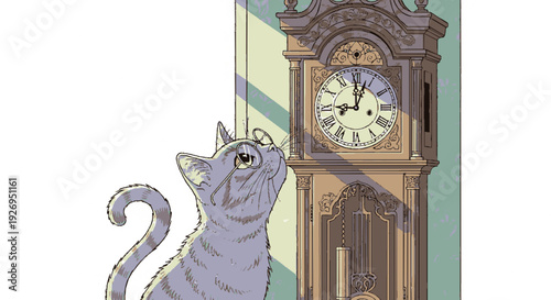 Playful gray cat gazes upward at a vintage grandfather clock with golden hands in a cozy sunlit room