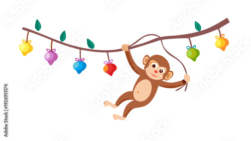 A playful monkey hanging from a tree branch by its tail, using its hands to string together colorful Ramadan lanterns.