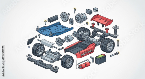 Detailed illustration of a disassembled car showing all its components and parts.