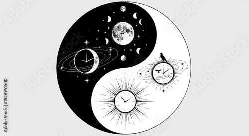 Yin and yang symbol with intricate clocks moon phases and starburst design in minimalist black and white style