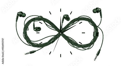 Tangled green earbuds with cords forming an infinity symbol on white background messy twisted and knotted headphones