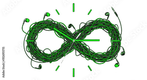 Green infinity symbol formed by earphones cord with clock hands on white background representing endless music and timeless sound
