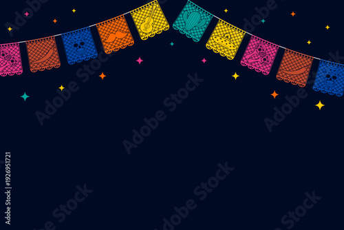 Mexican fiesta party banner with papel picado flags on dark background. Vector illustration