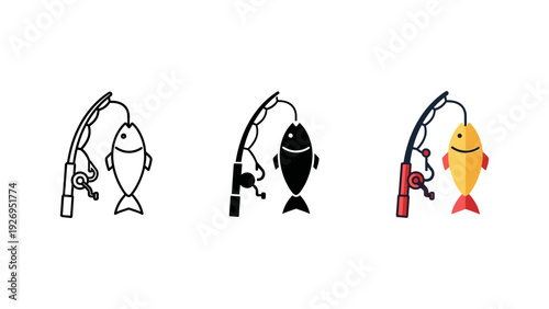Three cartoon fish hooks with bait isolated on white background vector illustration set