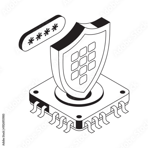 Isometric illustration of a shield atop a microchip emphasizing security