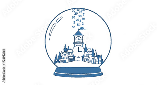 Snow globe illustration featuring clock tower and houses in blue tone symbolizing winter nostalgia and time passage with temperature