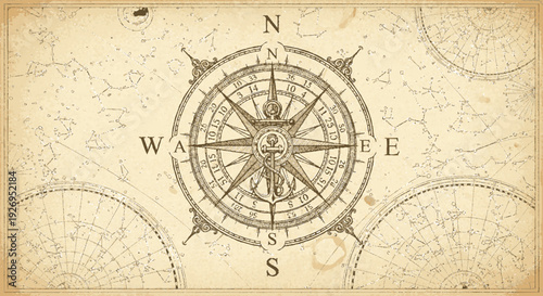 Vintage compass rose centered on an antique map intricate design with detailed markings and directional points evoking exploration
