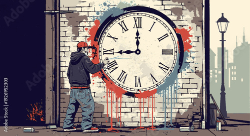 Man painting large roman numeral clock on brick wall with cityscape background and street lamp nearby at dusk