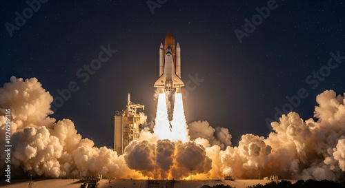 A rocket launching into the night sky with a lot of smoke