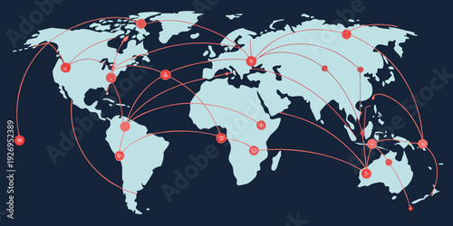 A stylized world map graphic illustrates numerous interconnected global communication and shipping routes indicated by red lines and nodes.