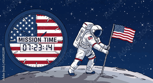 Astronaut on moon surface planting american flag with mission timer in circular emblem against starry space background