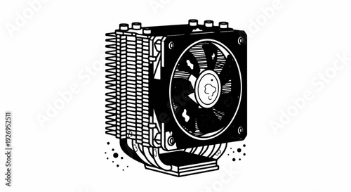 Black and white illustration of a computer cooling fan with heatsink