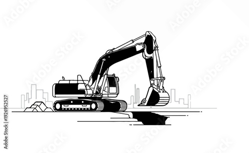 Black and white illustration of a large excavator digging a hole with a city skyline