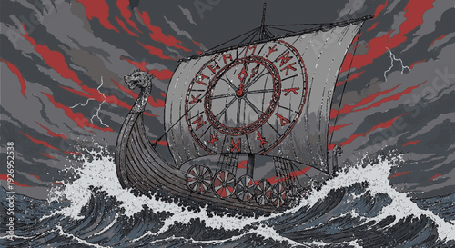 Viking longship sailing through stormy sea with compass sail in dramatic red and gray tones symbolizing navigation and adventure
