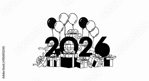 Black and white graphic of "2026" formed by gifts and balloons, celebrating
