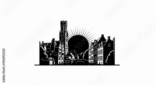 Black and white silhouette of a historic European cityscape at sunrise