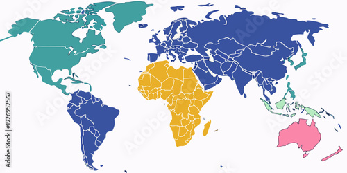 Political world map displays continental areas segmented by solid colors including green, blue, yellow, and pink for comparison.