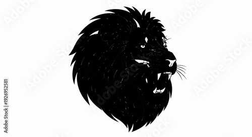 Black lion head profile, roaring with sharp teeth and intense eyes
