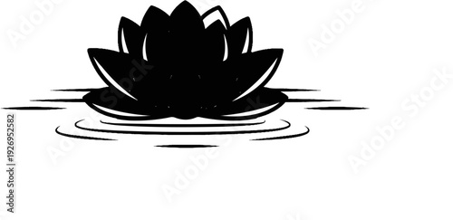 Black lotus flower floating on water with ripple effect, graphic design