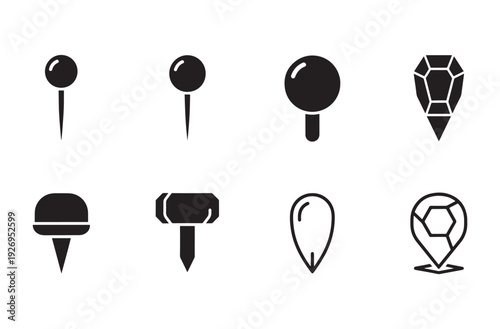Map pin and pushpin collection featuring various office stationery tools including thumbtacks jewelry style markers and location indicators for corkboard and navigation layout designs