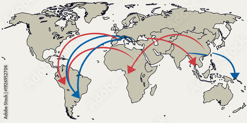 Historical migration map shows curved arrows indicating historical movement of people between continents like Europe, Asia, and South America.