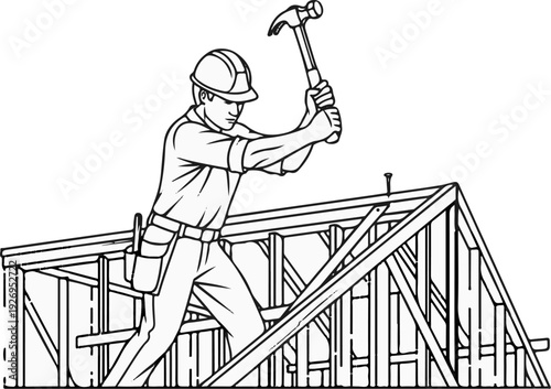 Construction worker hammering nail into roof frame