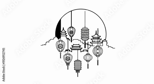 Decorative Asian lanterns and pagodas hang against a crescent moon background