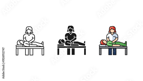 Three diverse women receiving spa massage therapy on treatment tables in wellness clinic with green towels