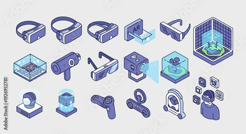 Virtual Reality Headset and Accessories Isometric Icons.