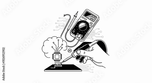 Hand solders microchip connected to a digital brain and multimeter