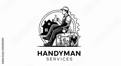 Handyman taking a break with coffee near houses and tools