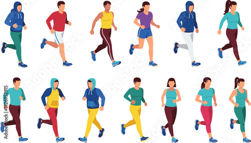 Group of Men and Women Running, Jogging Fitness Characters Set in Sportswear Isolated Vector Illustration Collection