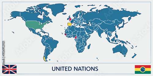 Political map highlights the United Nations member nations with specific countries colored to indicate status or affiliation.