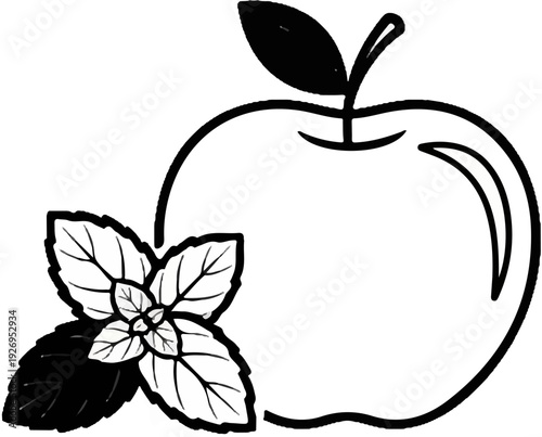 Line art of a stylized apple with a sprig of mint leaves