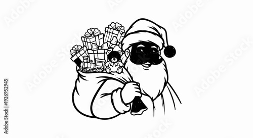 Jolly figure with gifts, including a toy train and bear, carries a sack