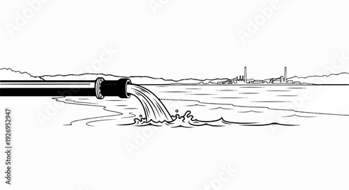 Industrial pipe discharging water into the sea with factory in background