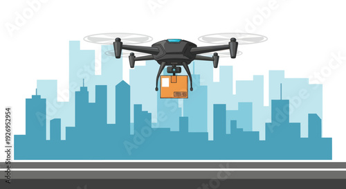 Drone Delivering Package Over City Skyline.