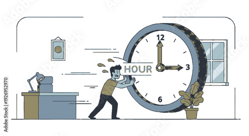 Man pushing large clock forward in office setting with desk and plant symbolizing urgency and time management